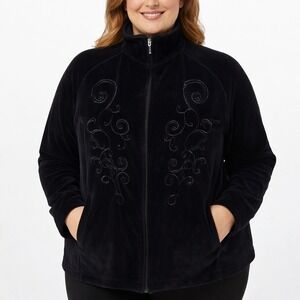 Carroll Reed Jacket Womens 1X Black Velour Zip Up‎ Embroidered Scroll Pockets